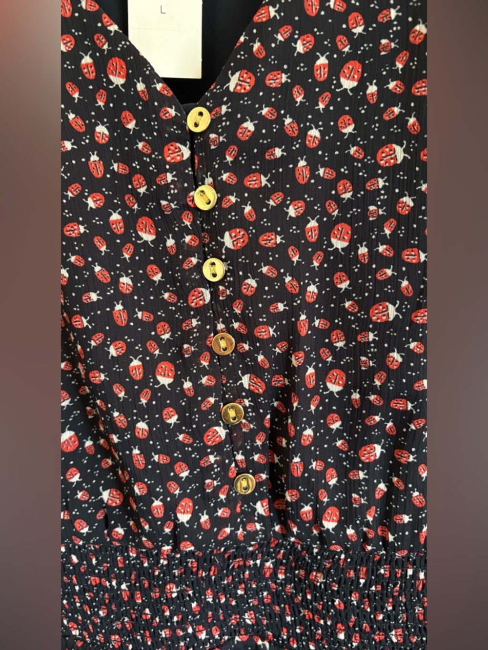 LOFT Navy Ladybug Print V Neck Dress with Smocked Waist and Cuffs - Picture 3 of 5